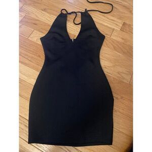 On Twelfth women's black deep v-neck strappy tied back with zip up mini dress SM